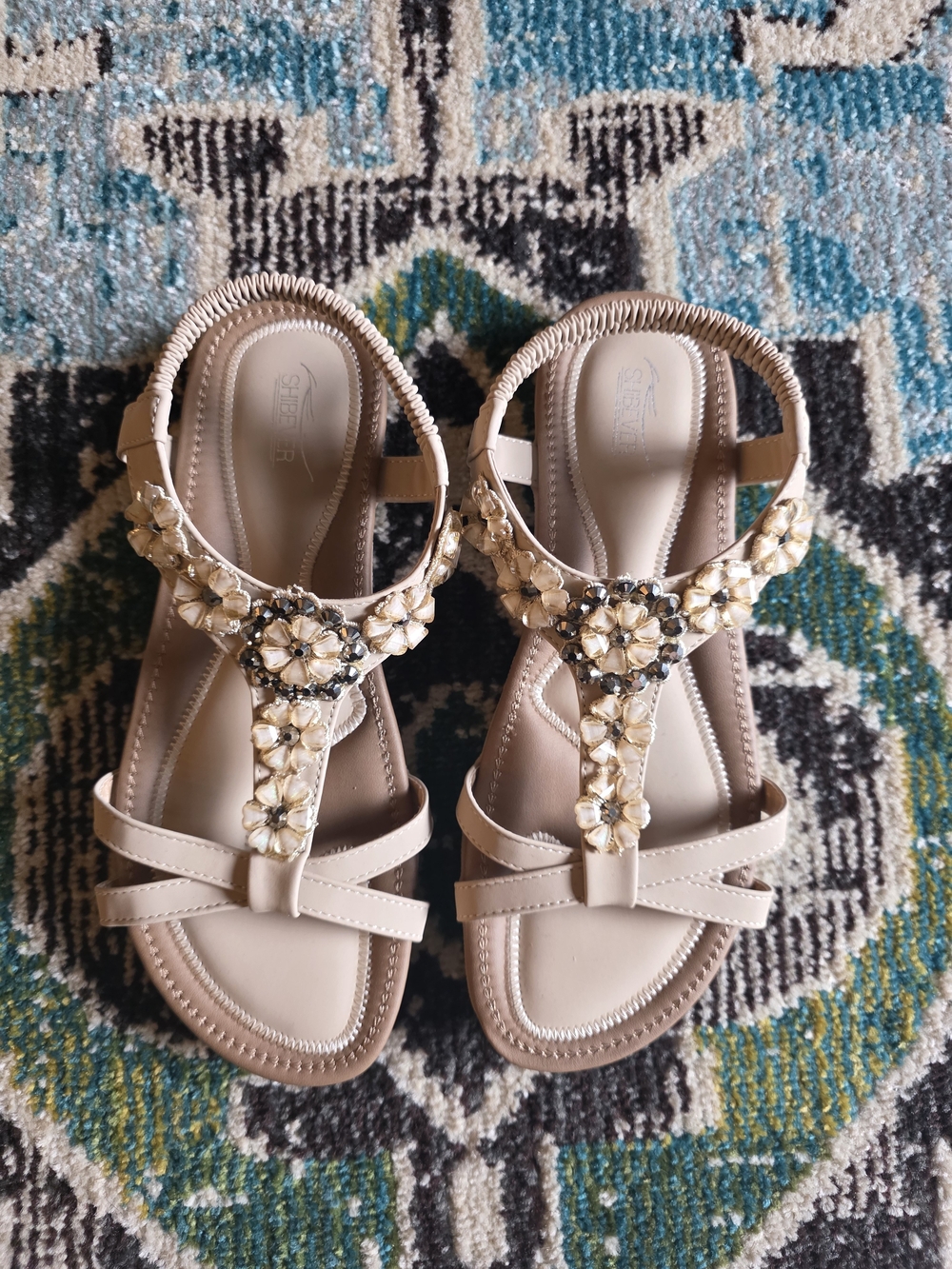 Women's Neutral Jeweled T-Strap Sandals - Beige
